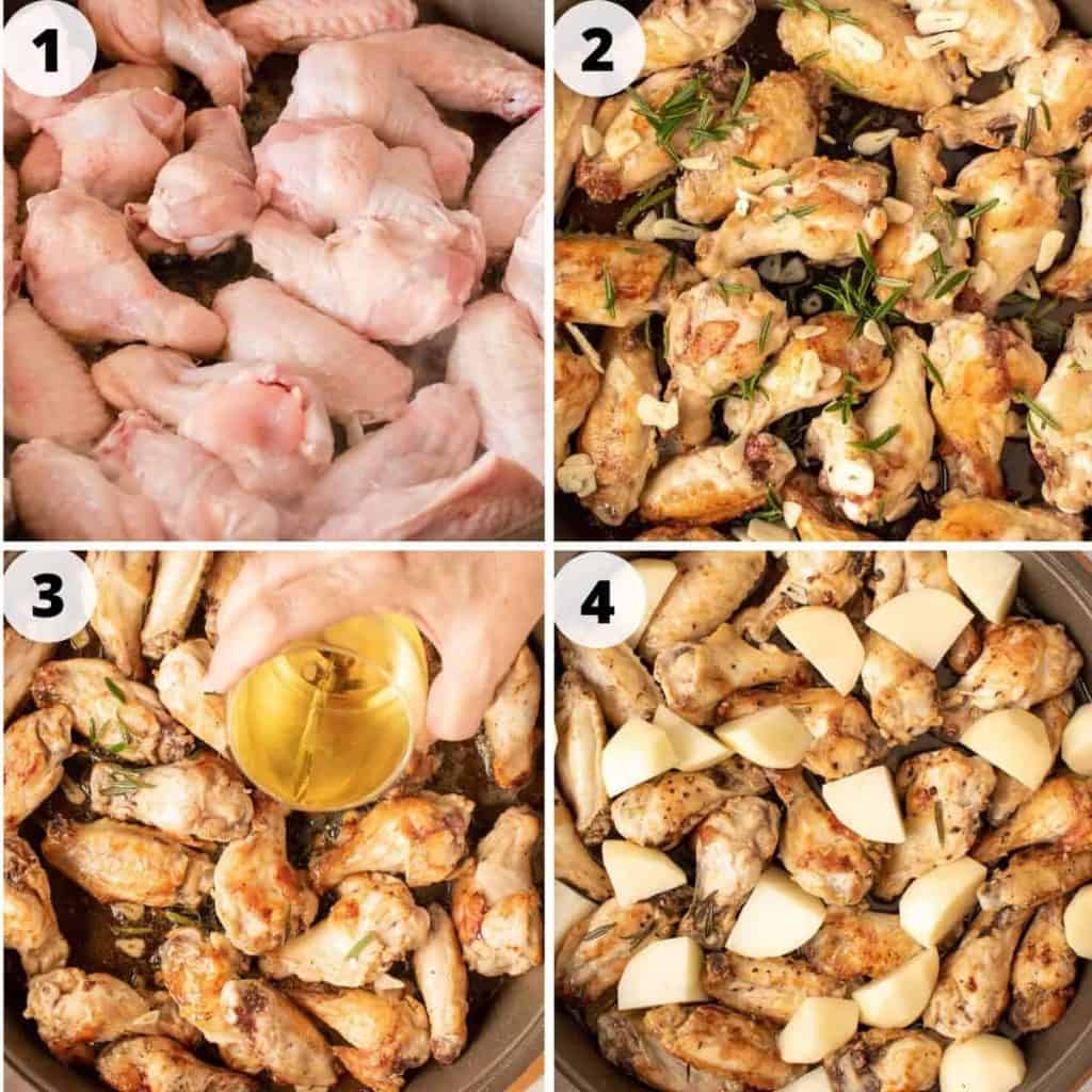 Photo collage of 4 images. Image 1 is raw chicken wing pieces in a pan. Image 2 is browned chicken wings with raw garlic and rosemary scattered on top. Image 3 is glass of white wine being poured over browned chicken. Image 4 is browned chicken with chunk of potatoes