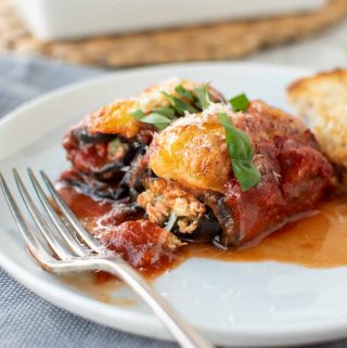 Eggplant, tomato sauce and cheese dish on a white plate.