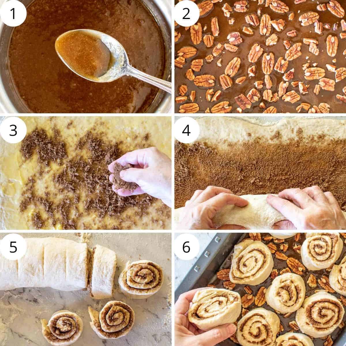 photo collage: image 1 caramel in saucepan and on spoon, image 2 pecans on caramel, image 3 scattering brown sugar over dough, image 4 rolling up dough, image 5 rolled up sticky bun dough and some slices cut, placing raw sticky buns in baking pan