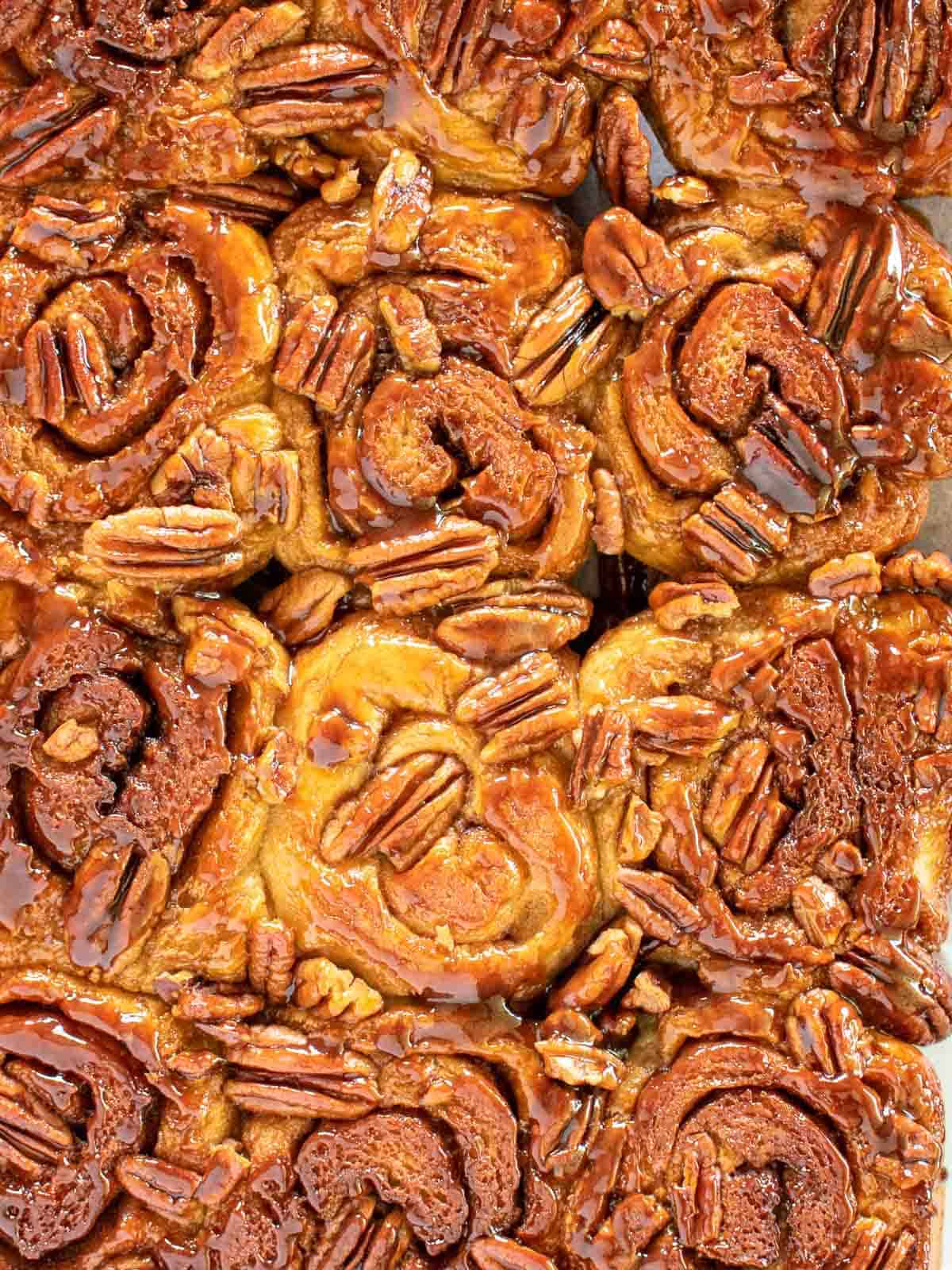 close up of sticky caramel rolls viewed from above