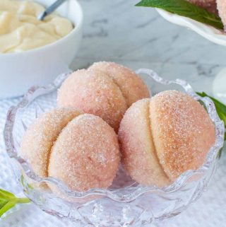 three Italian peach cookies in glass bowl