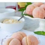 Text with image. Text reads Traditional Italian Peach Cookies. Image is three Italian peach cookies in glass bowl with more cookies in the background