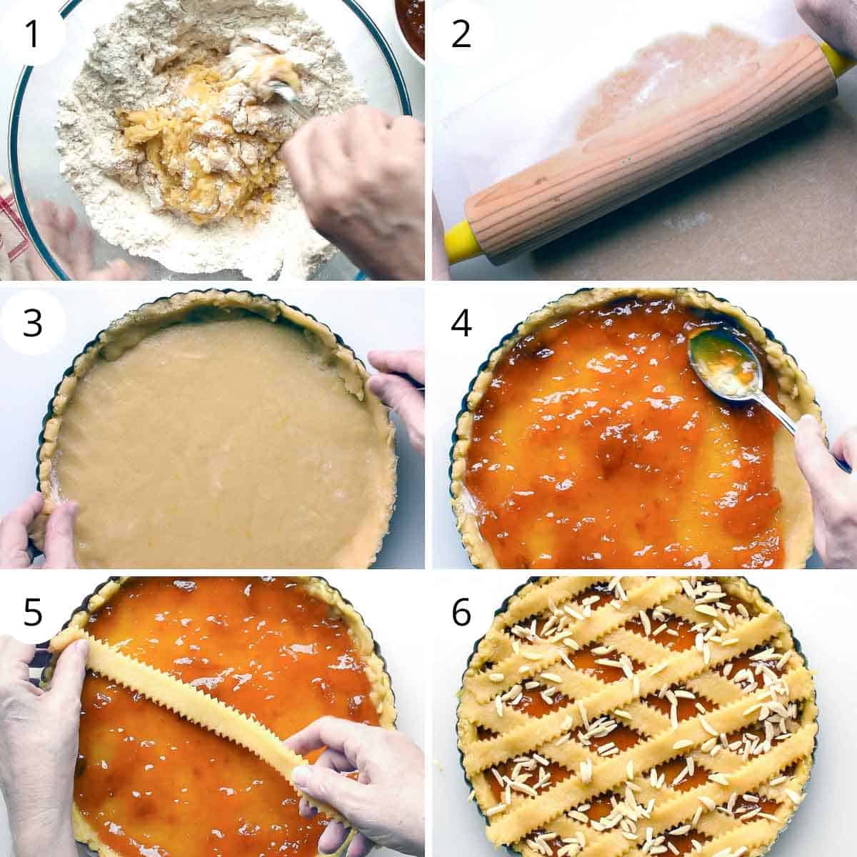 6 images showing steps for preparing apricot crostata