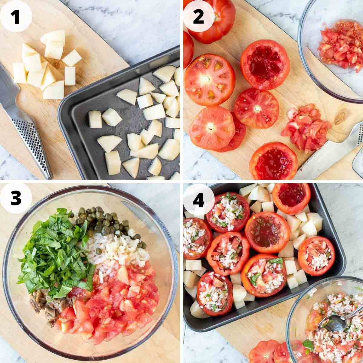 four-step photo collage showing how to make these stuffed tomatoes with rice.