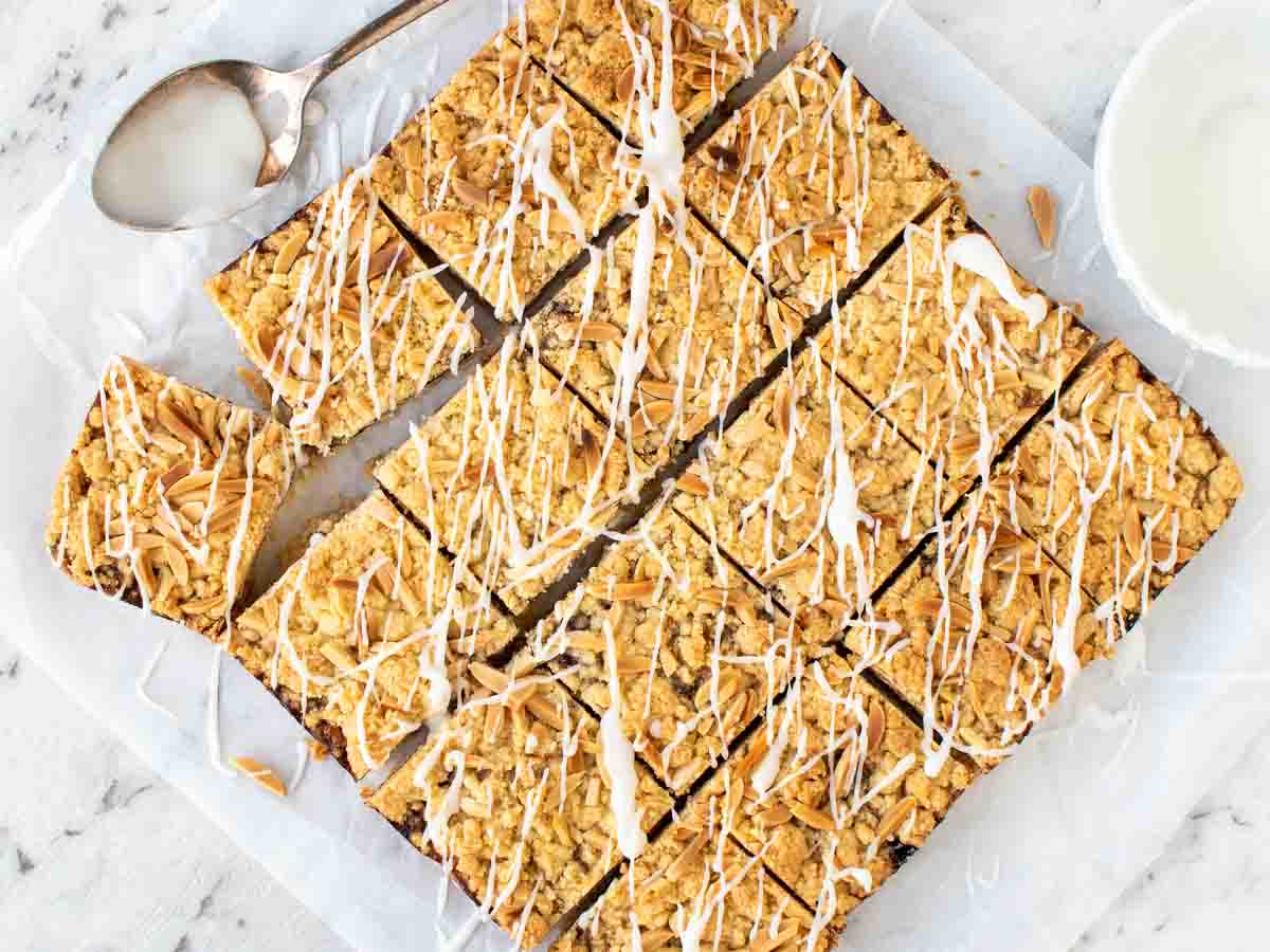 overhead view of baked bars cut into 16 squares.