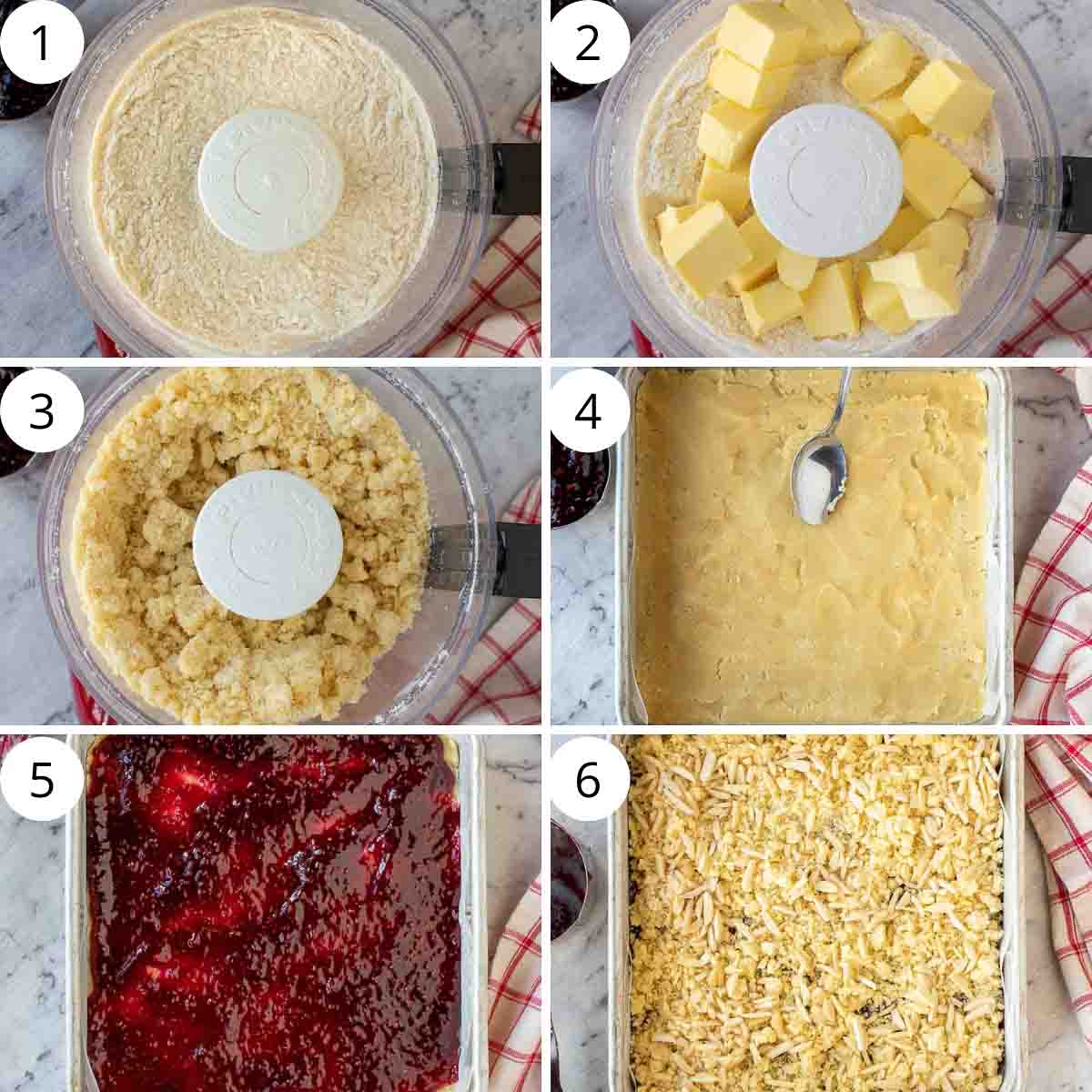 six-step photo collage showing how to make these raspberry and almond bars.