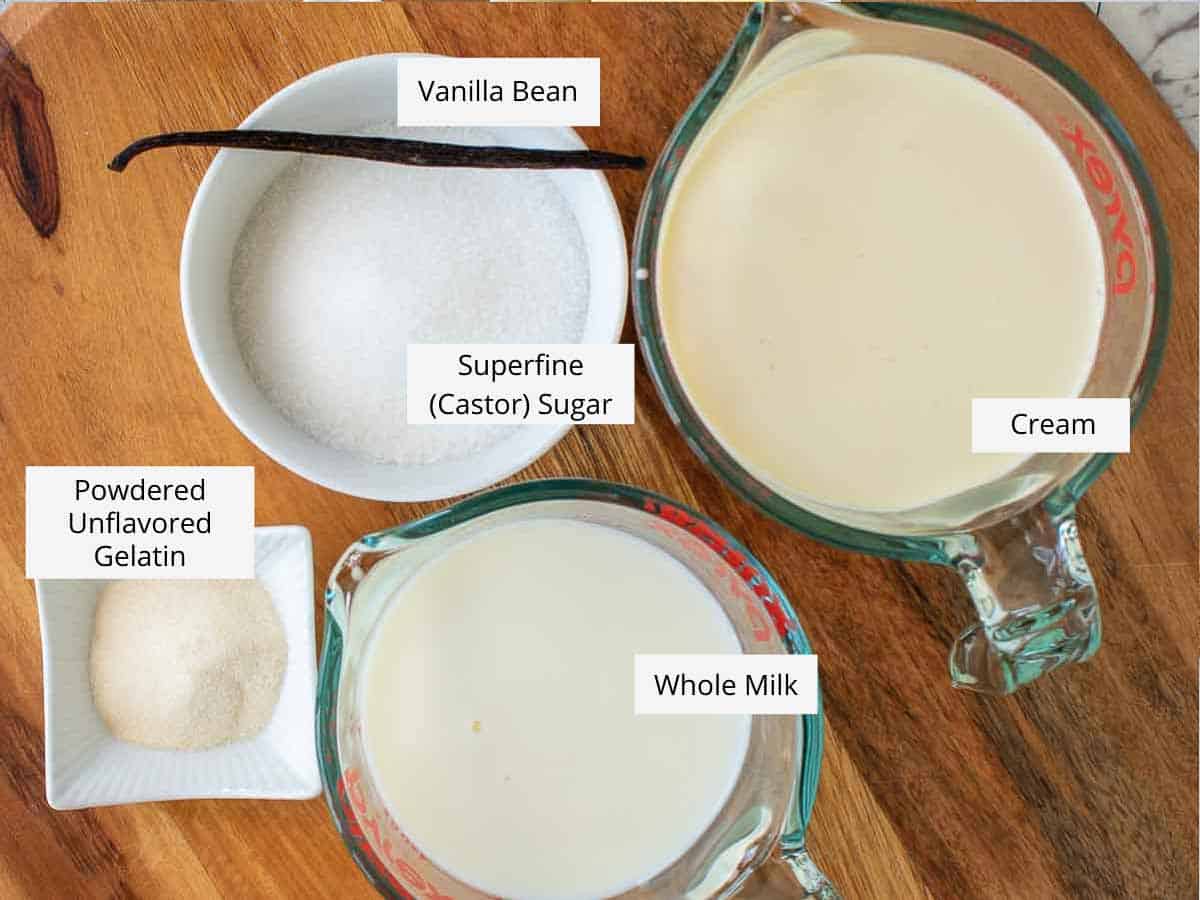 ingredients for vanilla bean panna cotta as in the recipe card.