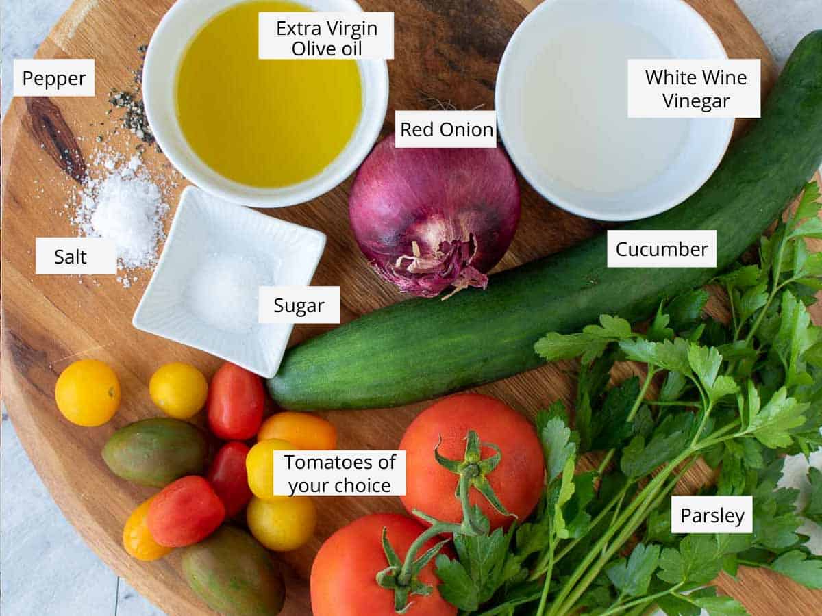 ingredients for cucumber tomato onion salad.