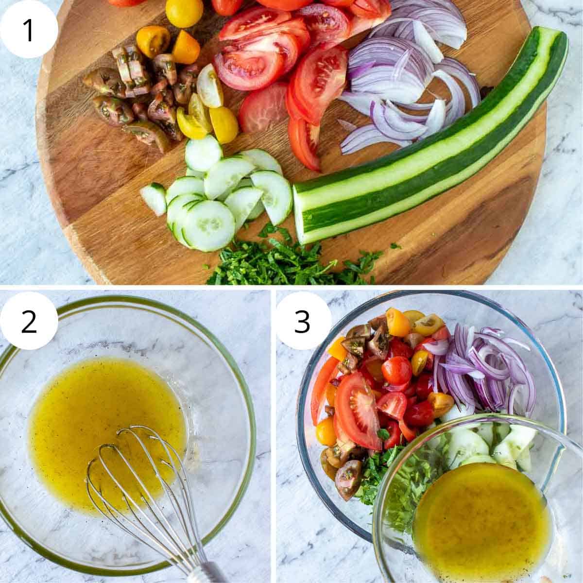 3-step photo collage showing how to prepare this salad.