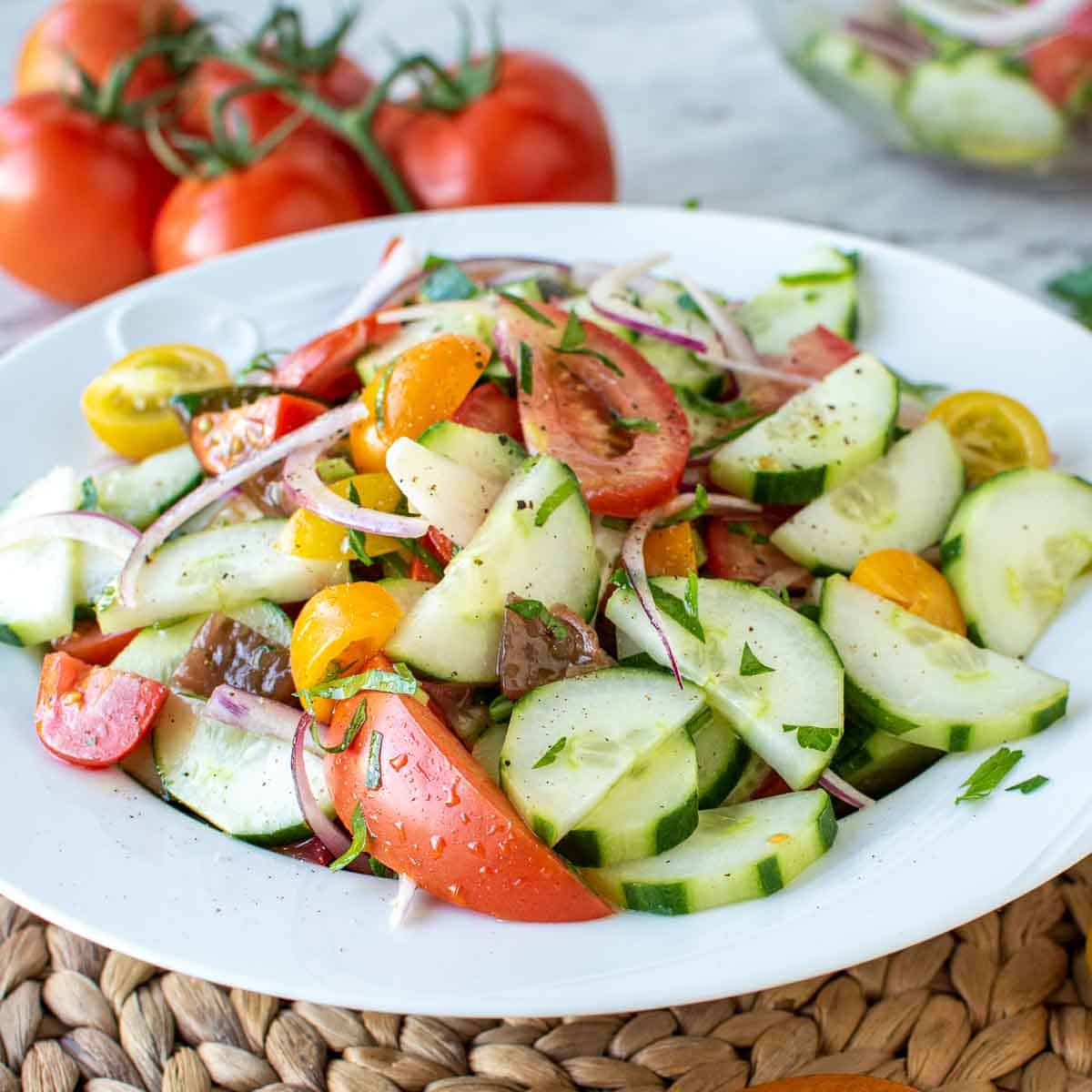 close up of cucumber tomato onion salad on white plate with tomatoes and parsley in the background