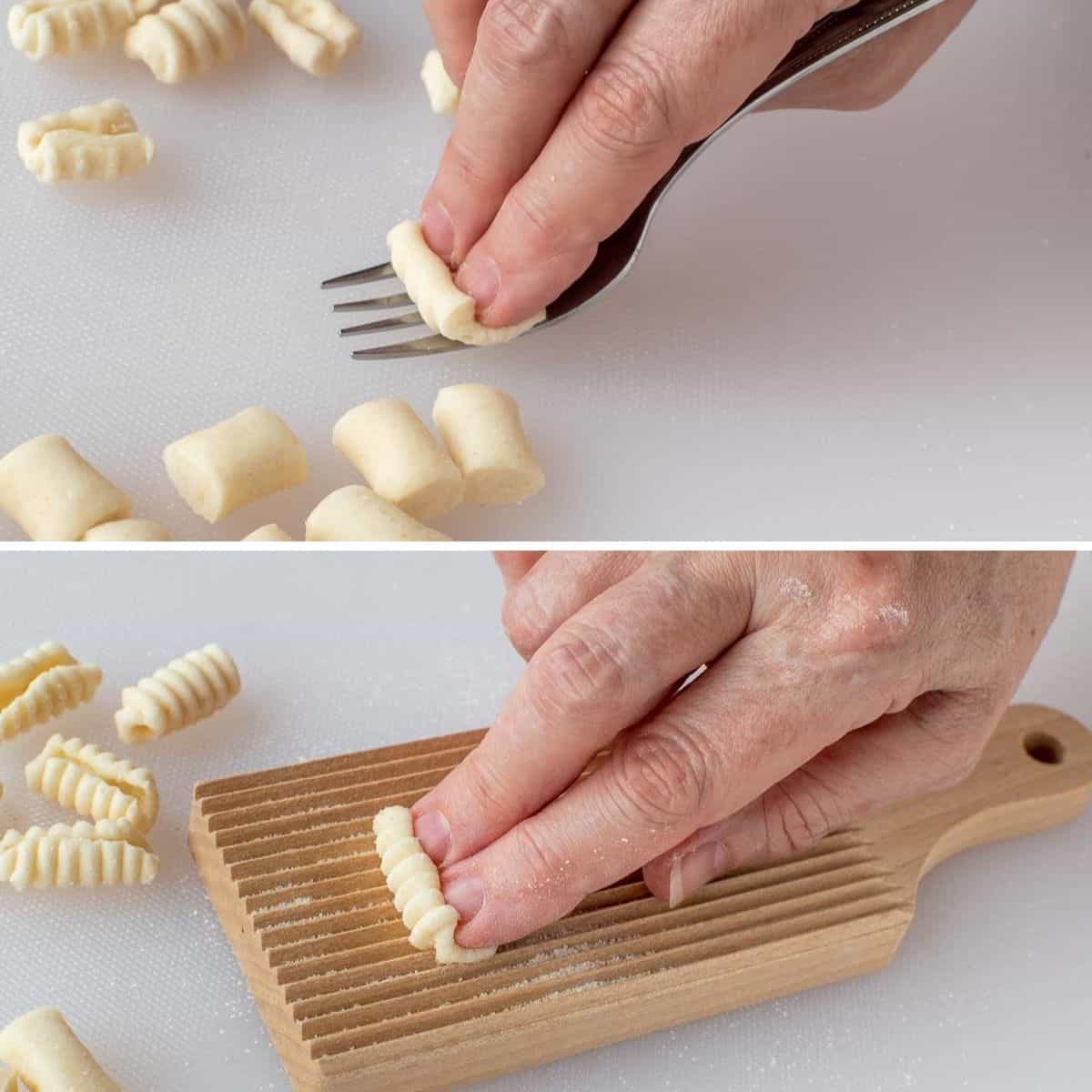 two-step photo collage showing how to shape cavatelli pasta using a fork or a cavatelli board.