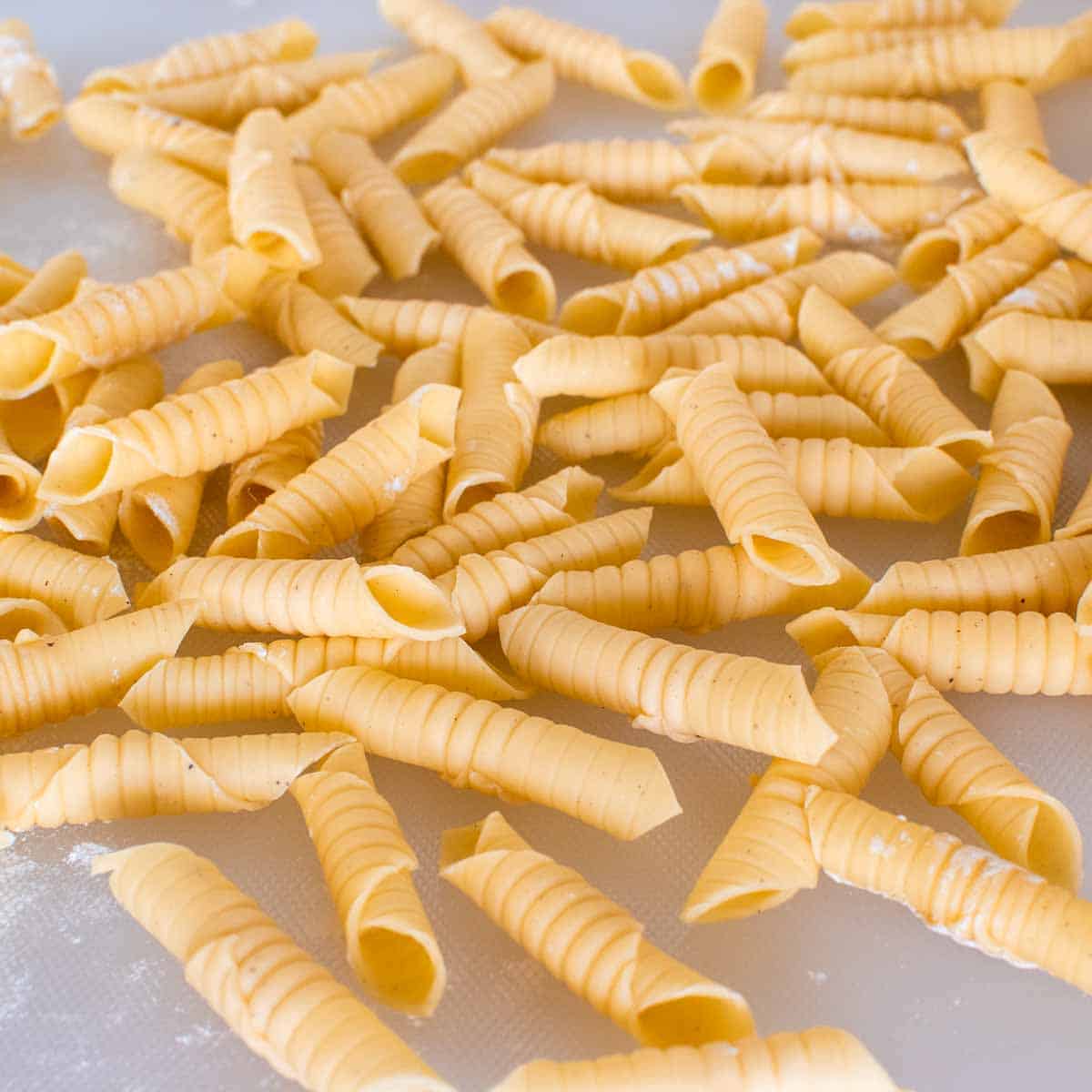 Homemade Garganelli pasta piled up before cooking.