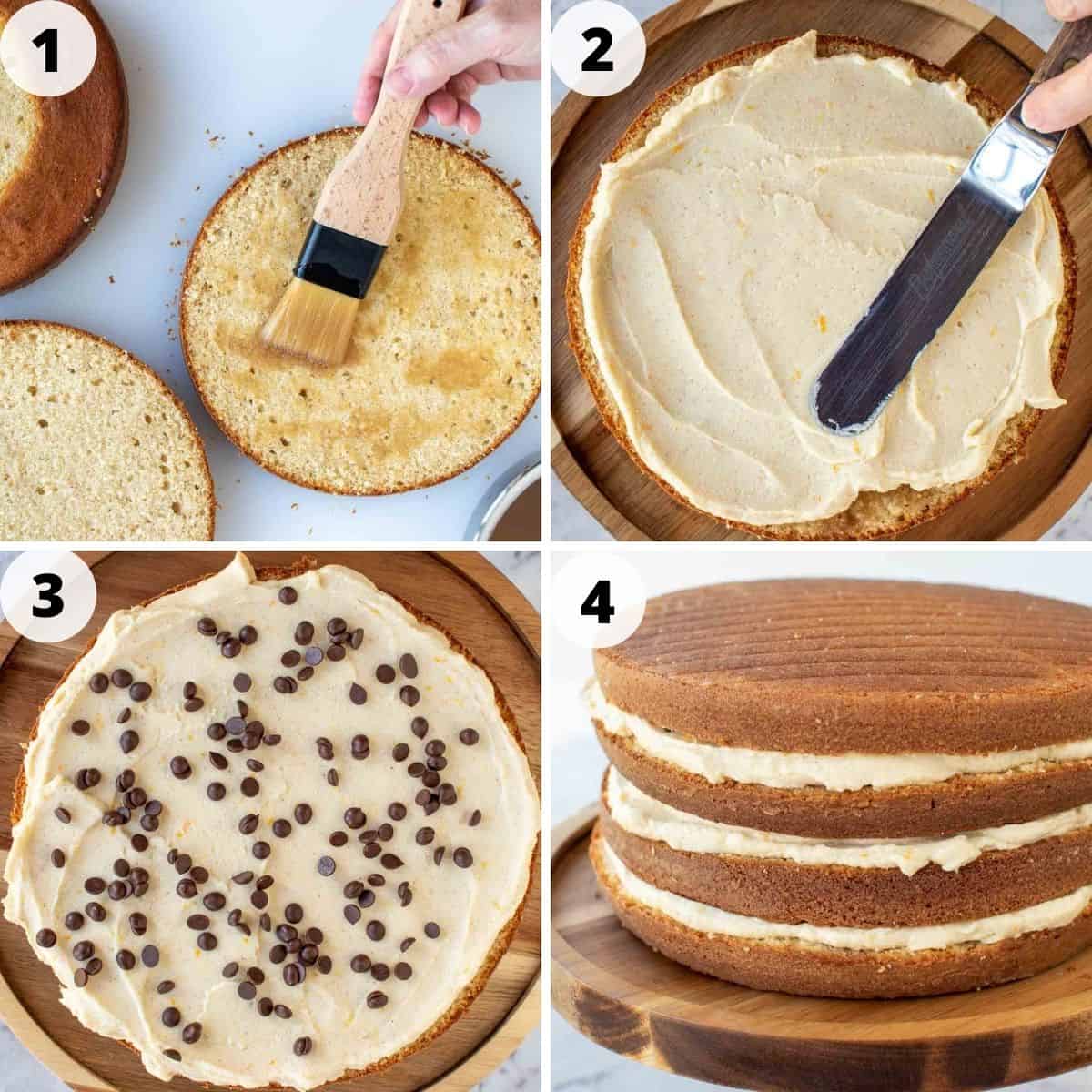 Four-step photo collage showing how to assemble layer cake.