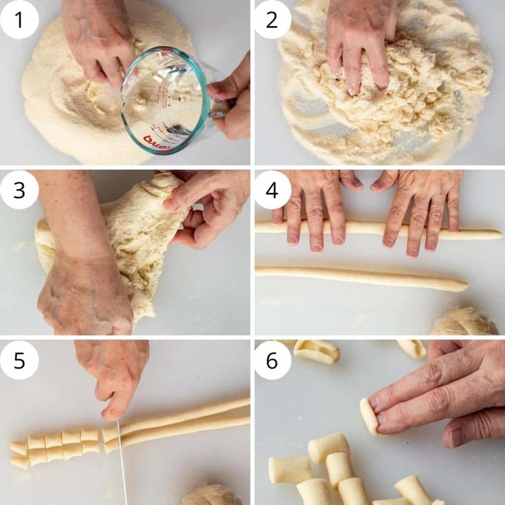 six-step photo collage showing how to make homemade cavatelli pasta.