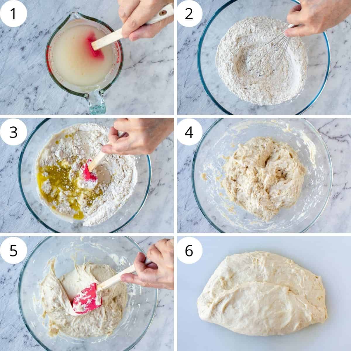 6-step photo collage showing preparation of ligurian focaccia dough.