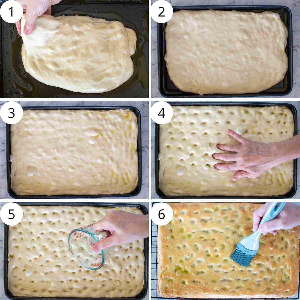 6-step photo collage showing shaping of ligurian focaccia dough.