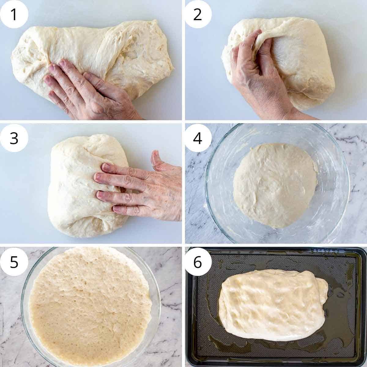 6-step photo collage showing folding and proofing of ligurian focaccia.