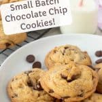 image with text. text reads "small batch chocolate chip cookies". image is chocolate chip cookies on white plate.