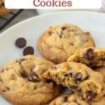 image with text. text reads "small batch chocolate chip cookies". image is chocolate chip cookies on white plate.