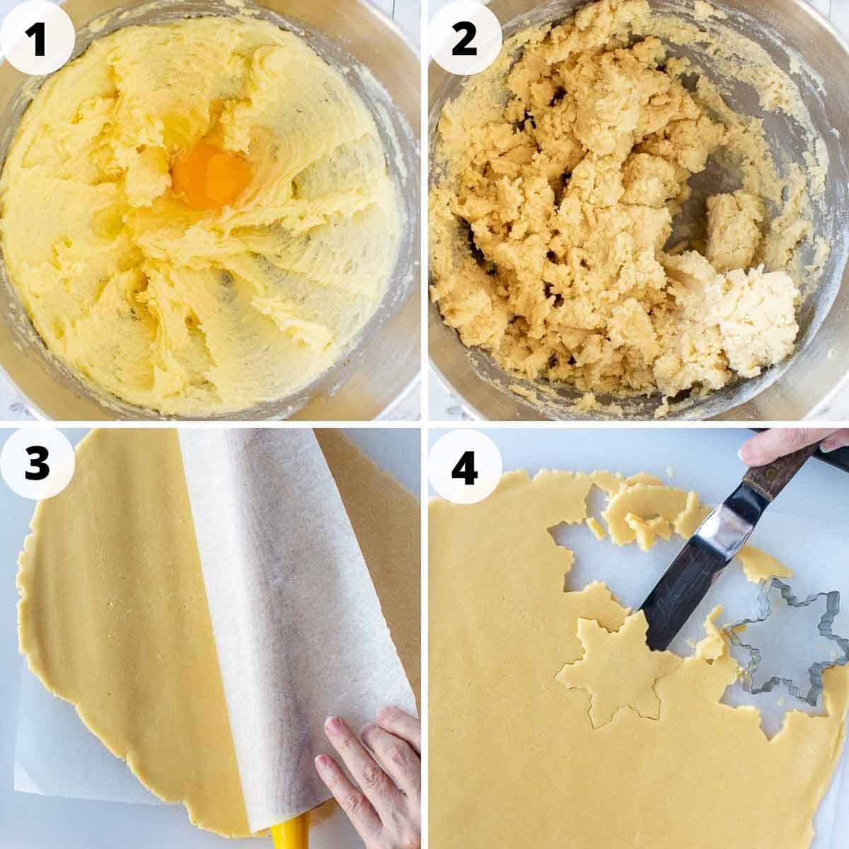 four-step photo collage showing how to make sugar cookies.
