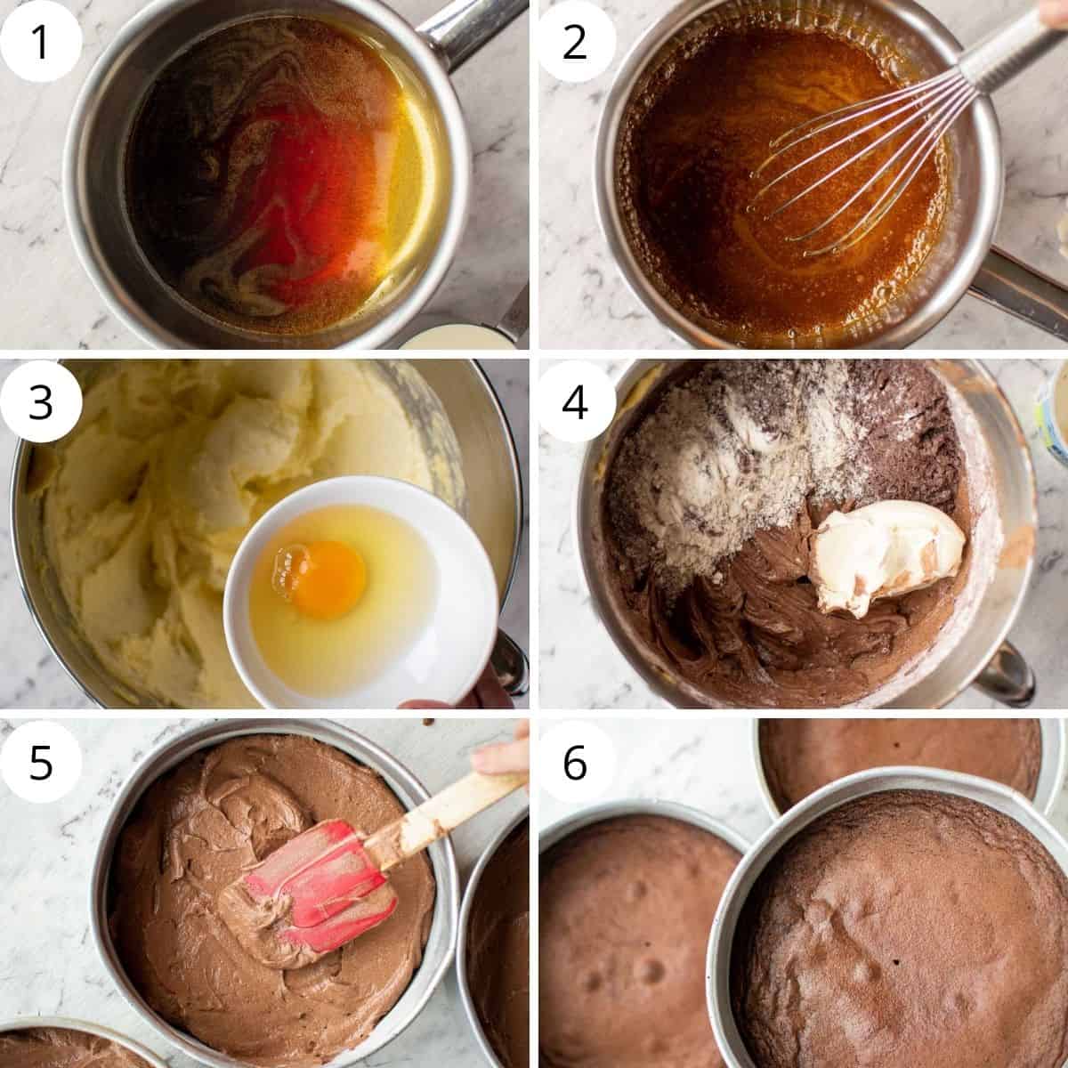 6-step photo collage showing how to make caramel and chocolate cake for chocolate cake with caramel.