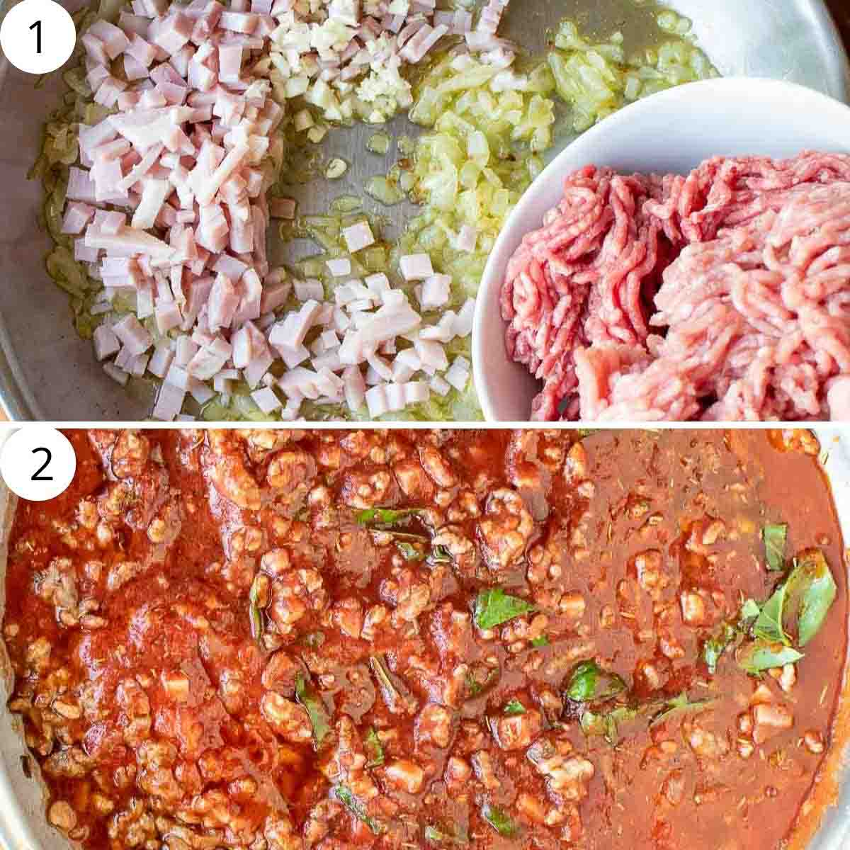 Two images. top image is sauteed onion, chopped bacon and minced meat. Bottom image is tomato and minced meat ragù sauce.