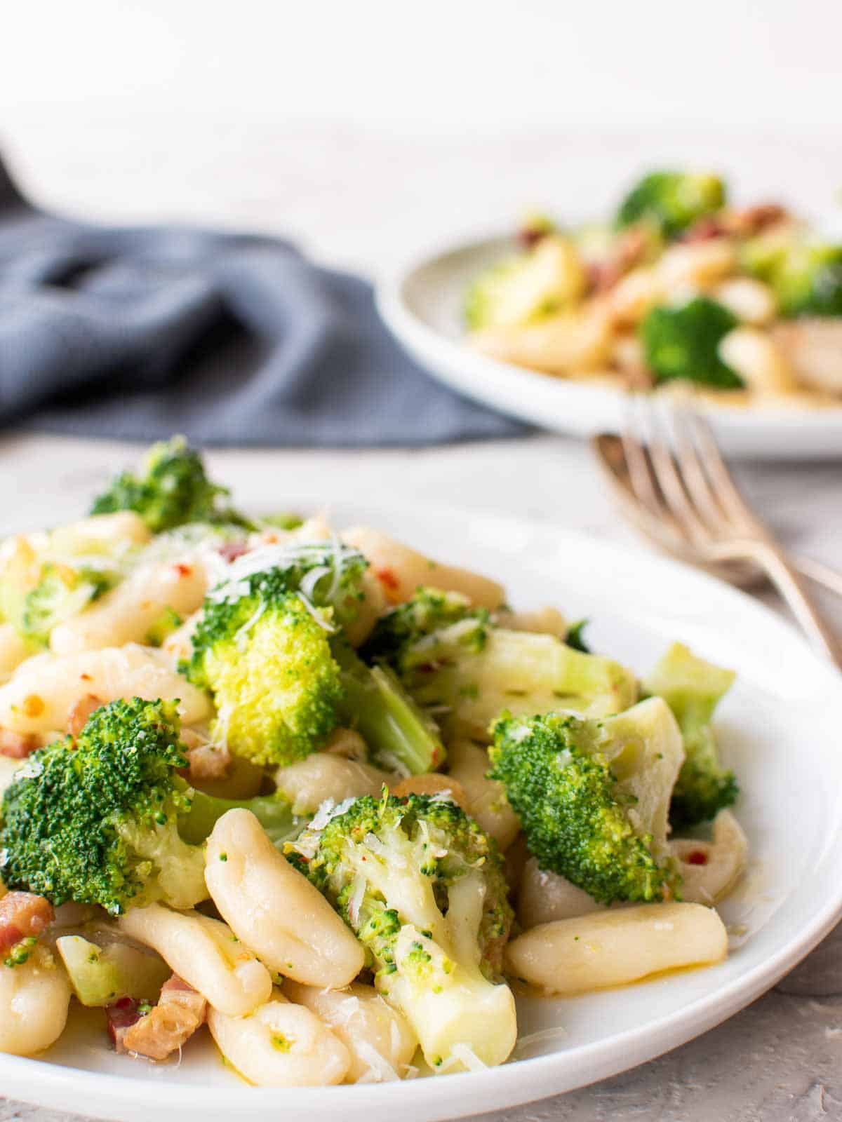 cavatelli and broccoli on white plate with second plate of broccoli pasta in the background.