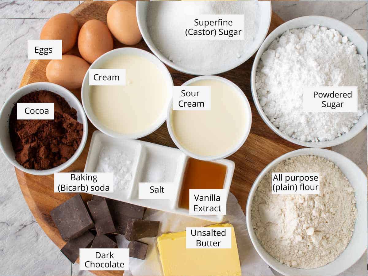 ingredients for chocolate cake with caramel as per recipe.