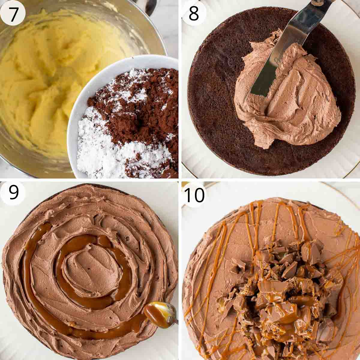 4 step photo collage showing how to make chocolate frosting and how to frost chocolate cake with caramel.