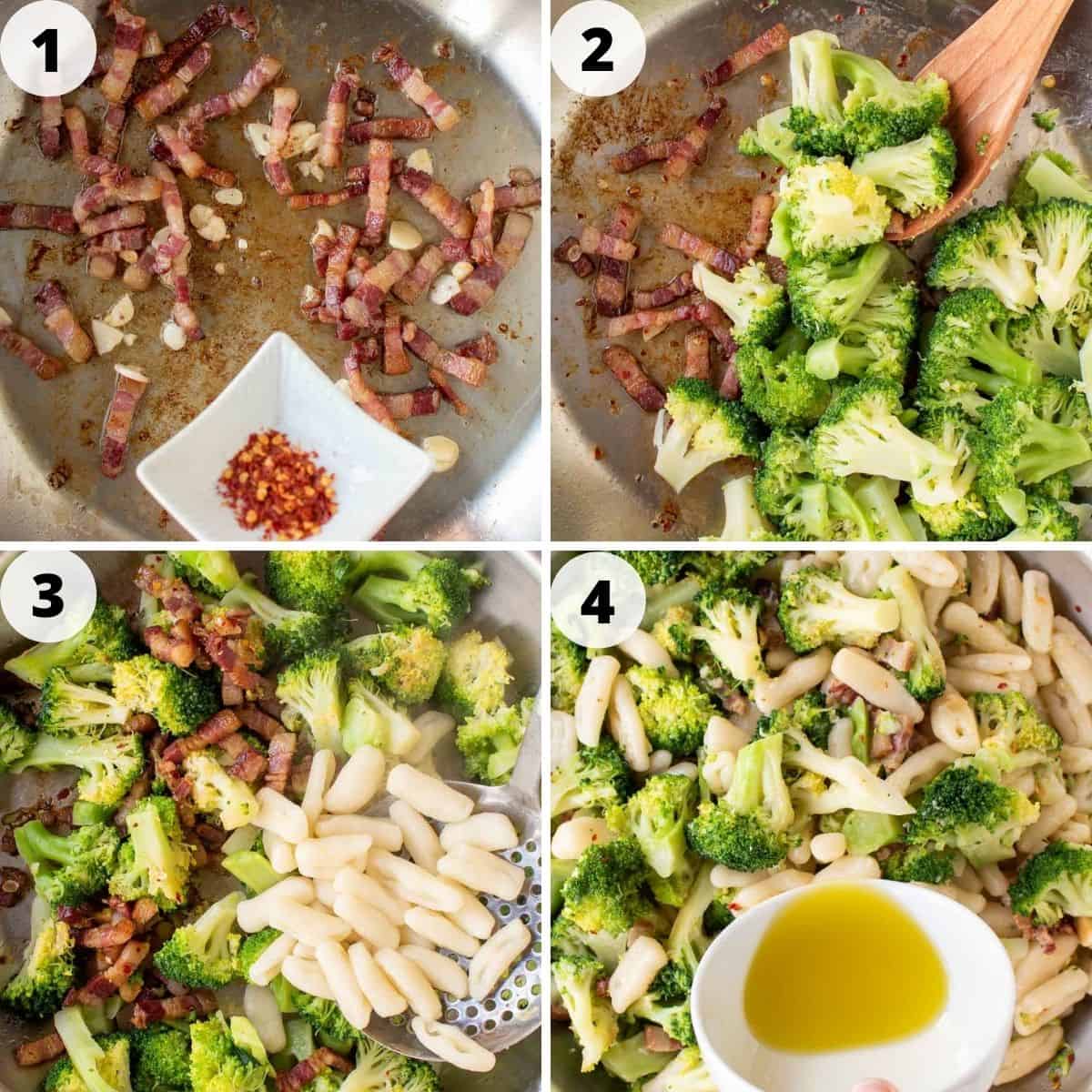 4-step photo collage showing how to make cavatelli and  broccoli.