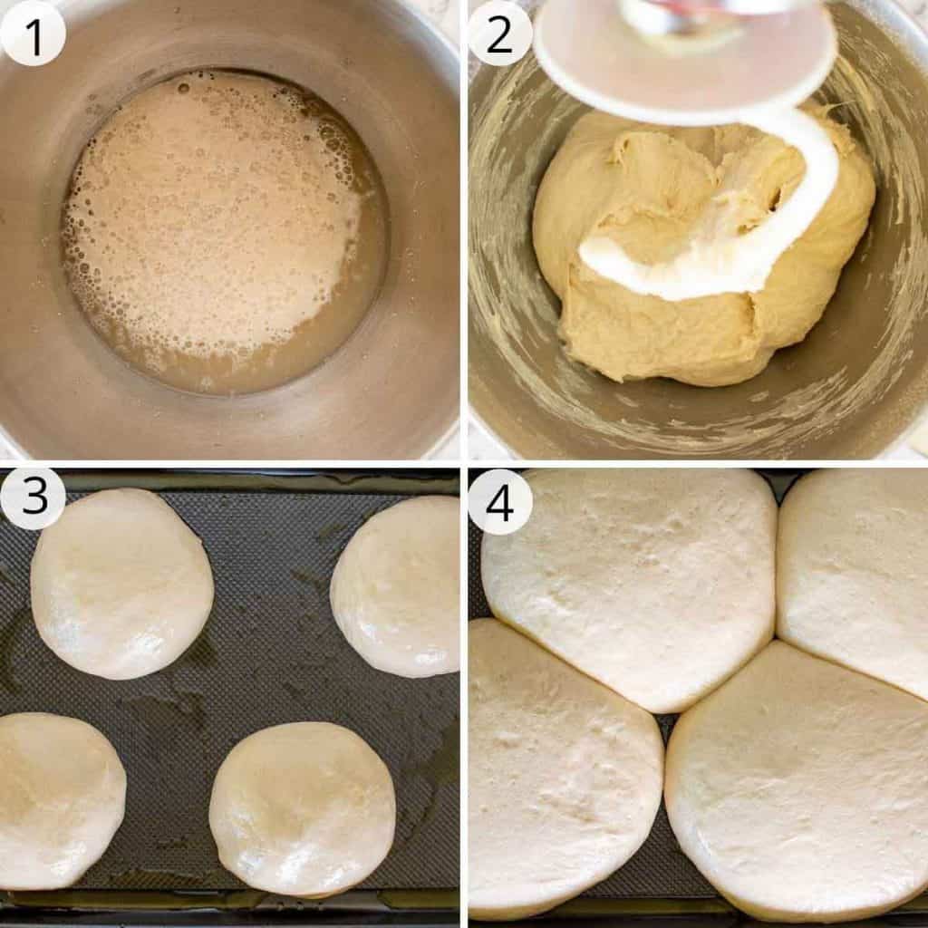 4-step photo collage of how to prepare pizza dough.