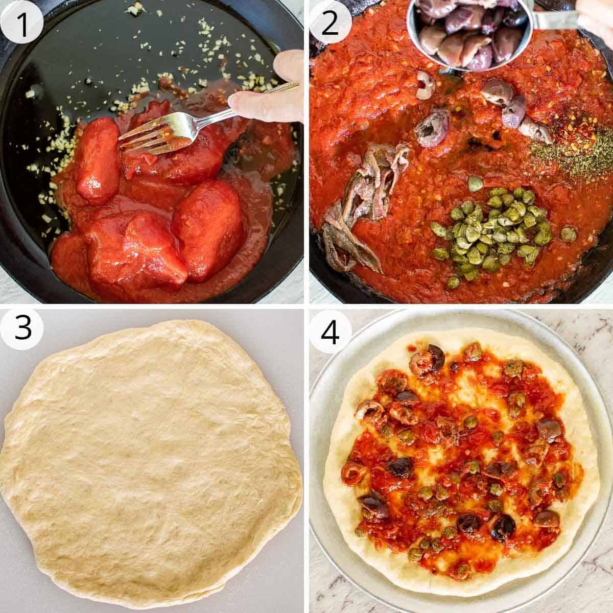 4-step photo collage of preparing calabrese pizza sauce and dough.