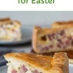 image with text. text reads "Classic italian pie for easter". images is close up of a slice of italian pie with whole pie in the background.