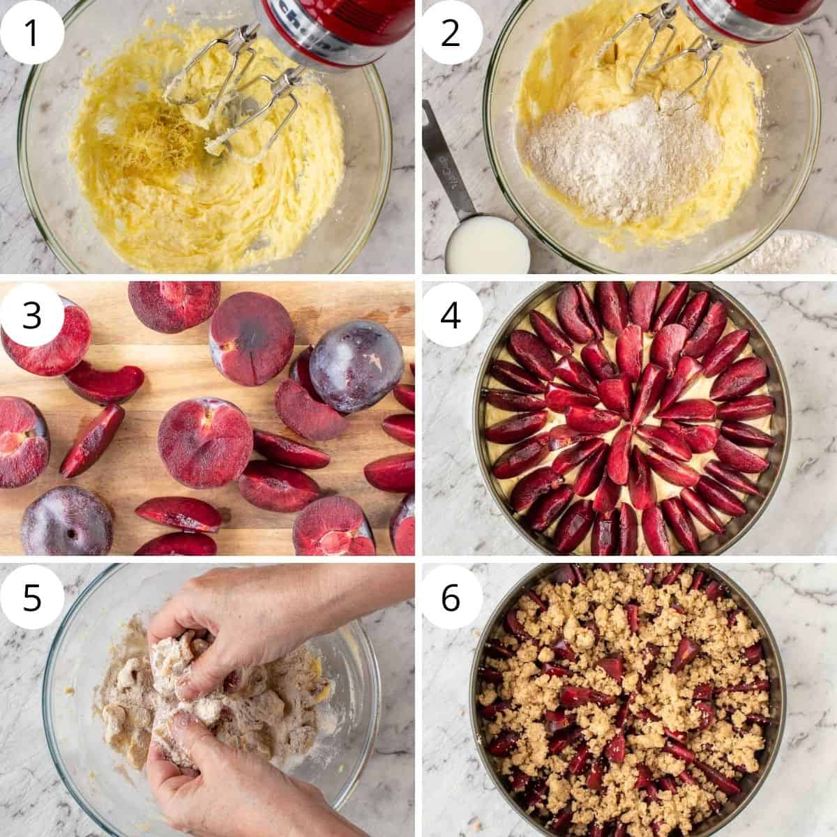 6 step photo collage showing how to make german plum cake.