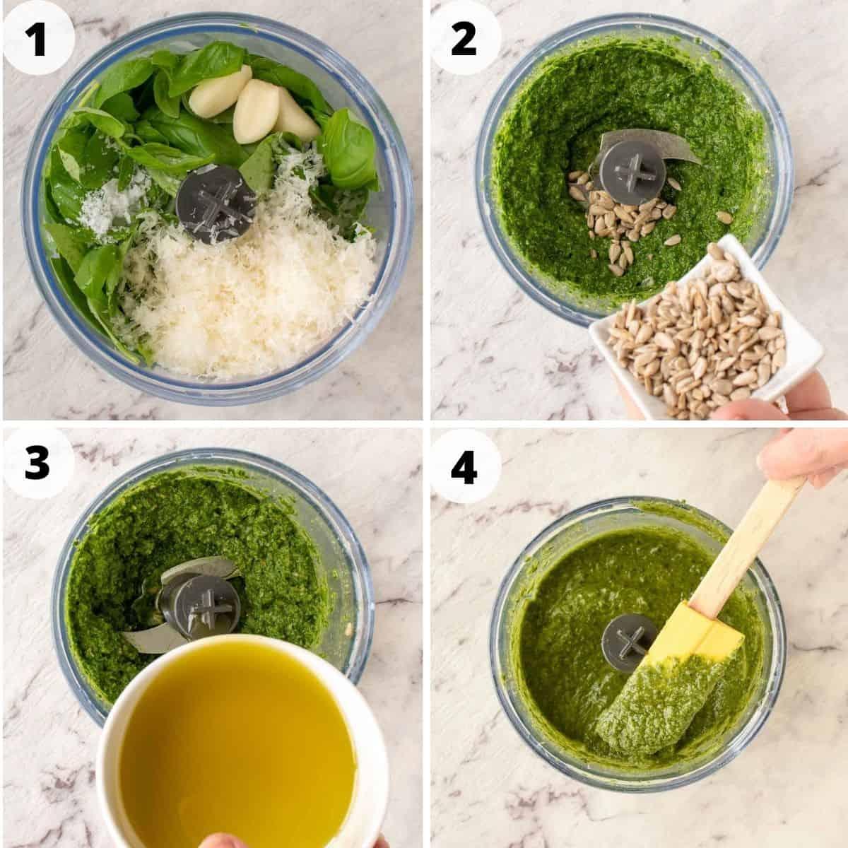 4 step photo collage showing how to make nut free pesto