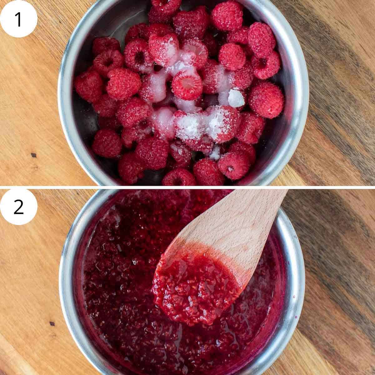 two images. top image is raspberries and white sugar in a saucepan. bottom image is raspberry compote in saucepan with wooden spoon lifting some out.
