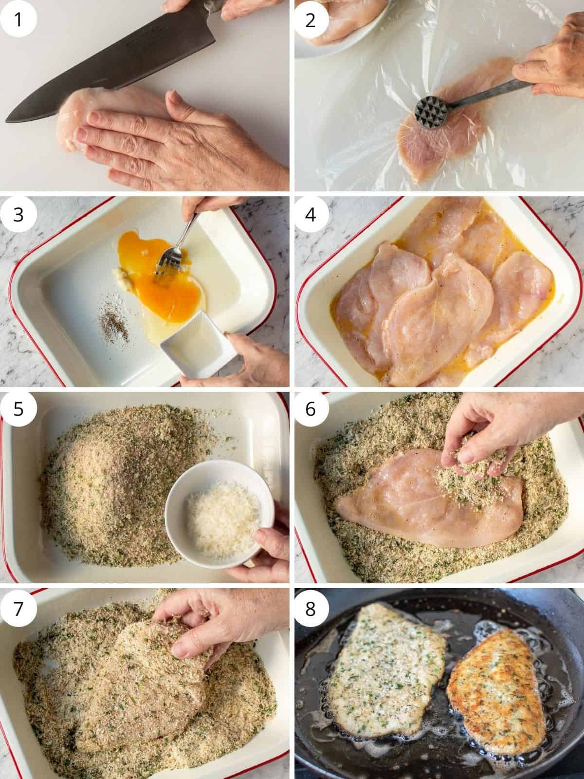 8-step process images to make italian chicken cutlets.