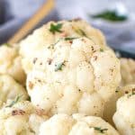 image with text. text reads "instant pot cauliflower italian style". image is close up of finished Instant Pot Cauliflower.