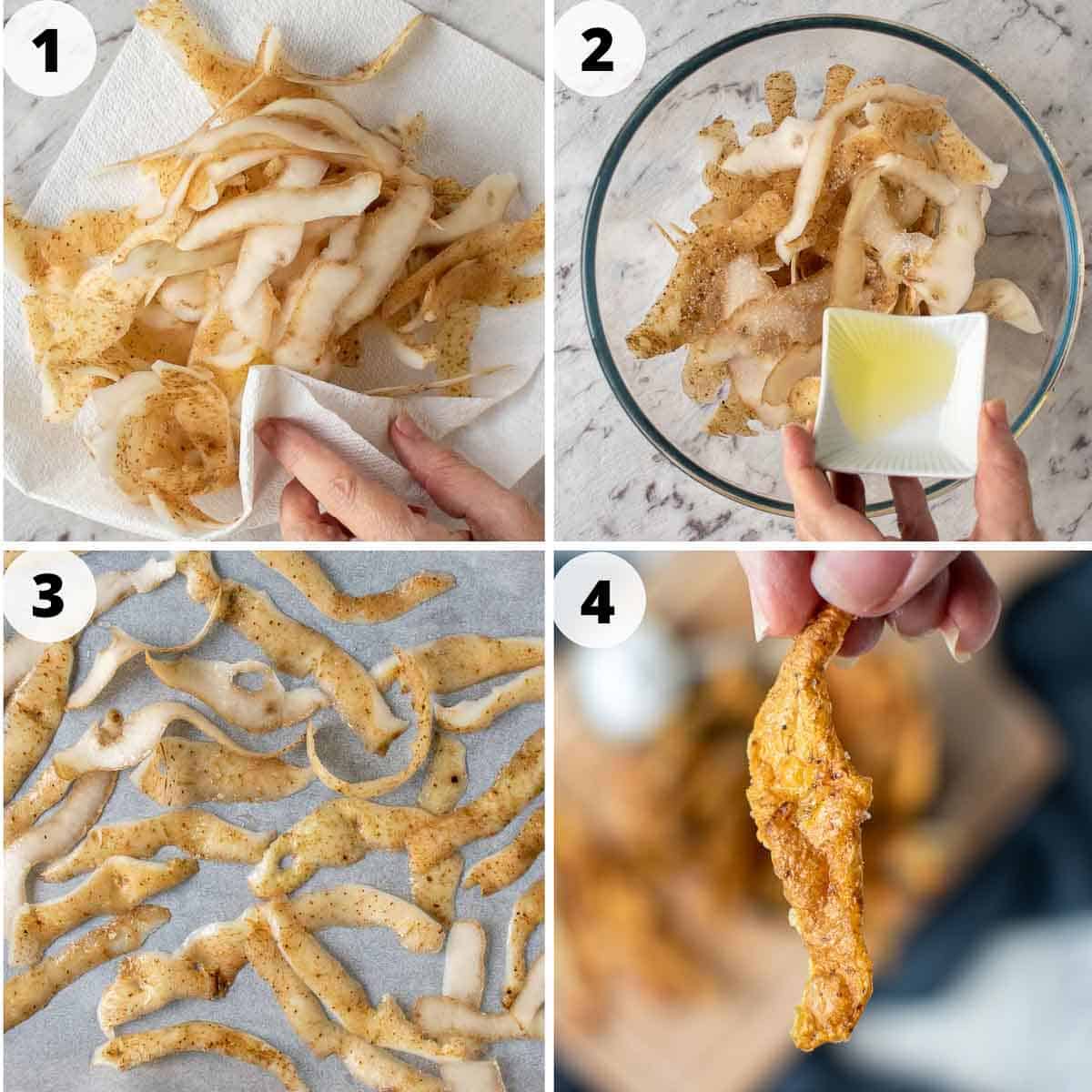 4 step process images showing how to make potato skin chips.