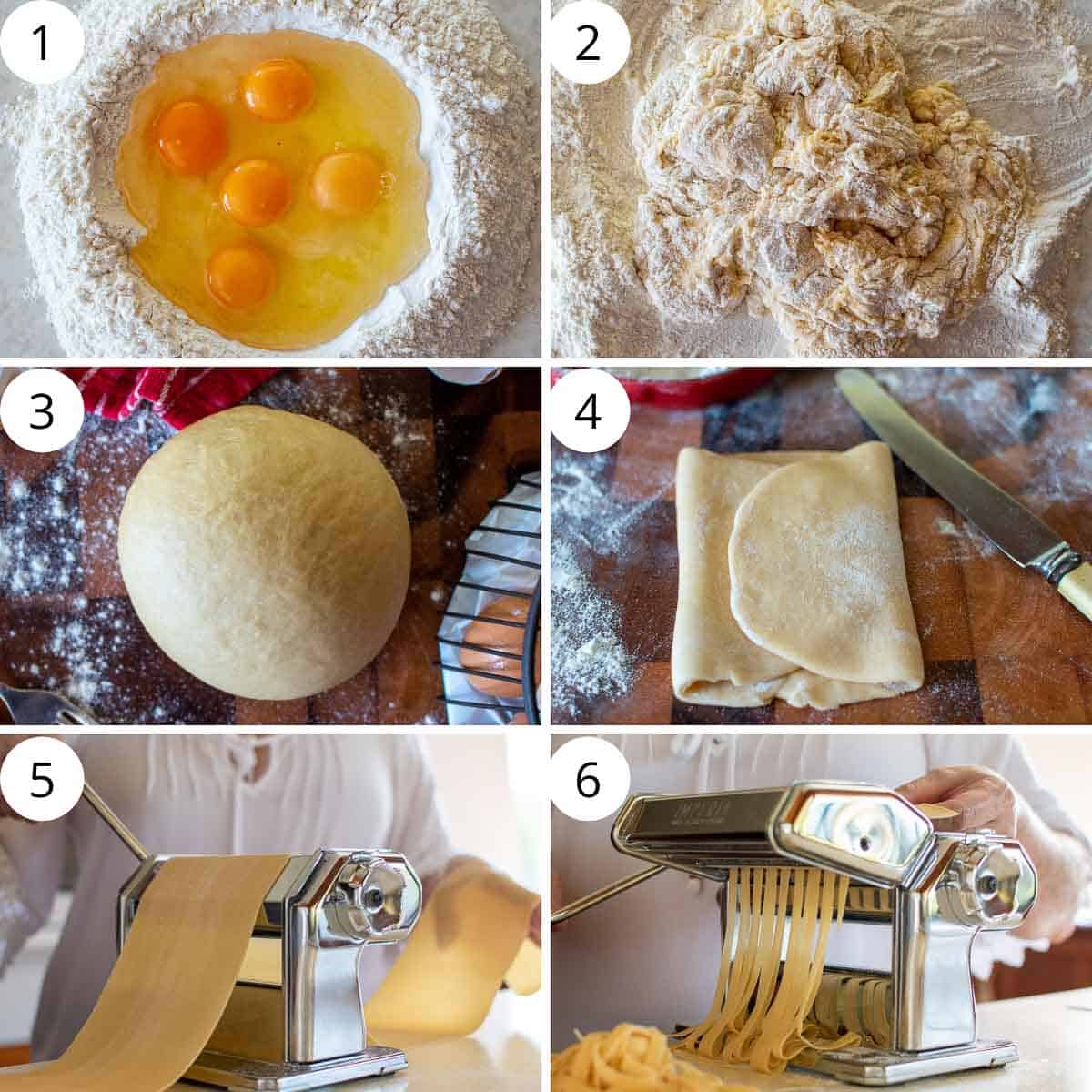 6 step photo collage showing how to make pasta.