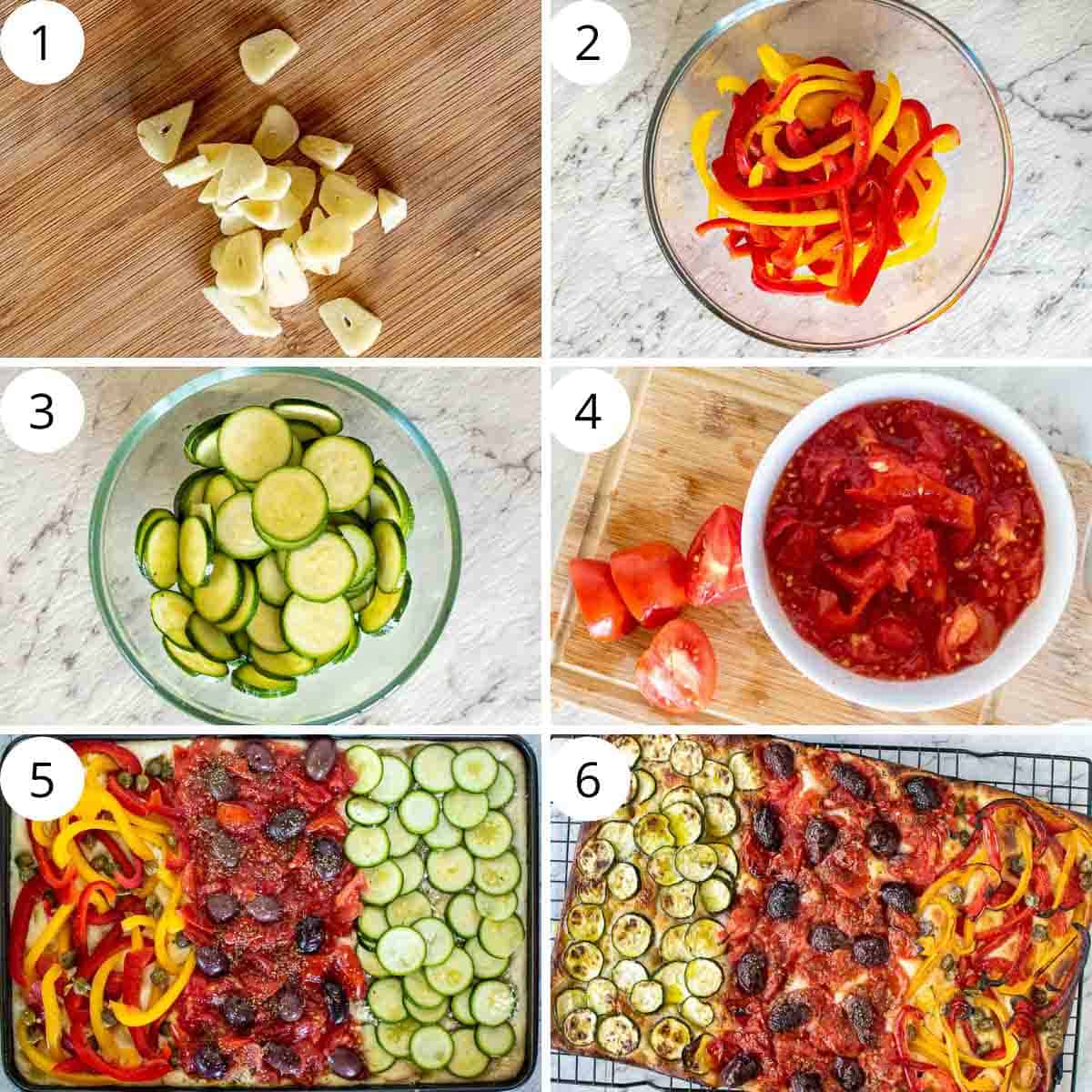 Six step photo collage showing how to make focaccia with different toppings.