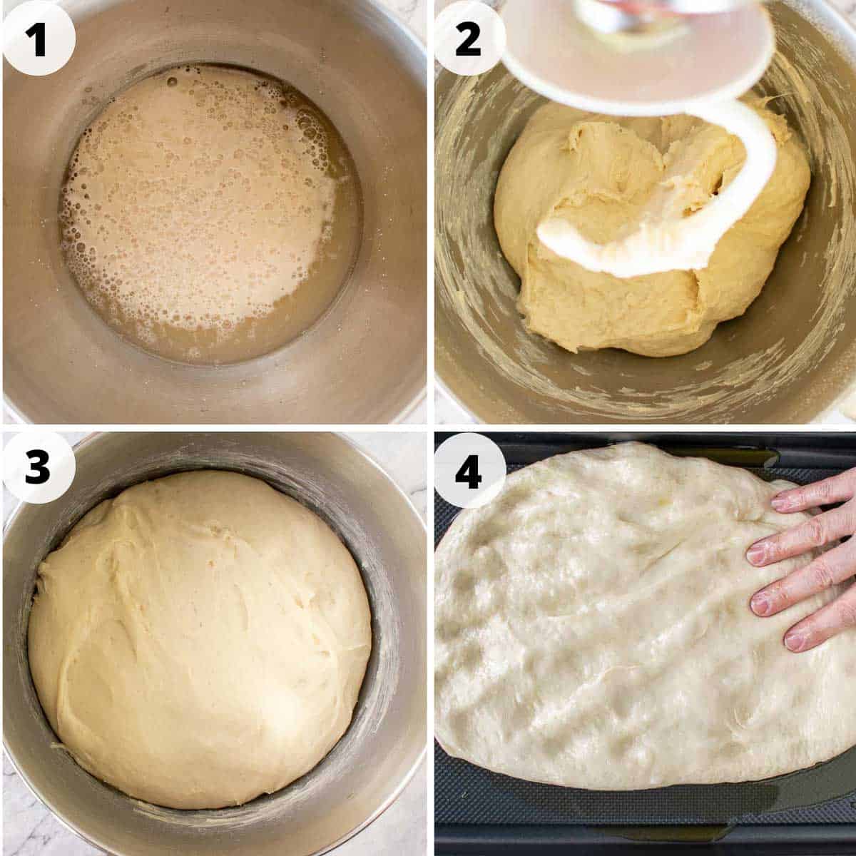 4 step process images showing how to focaccia dough.