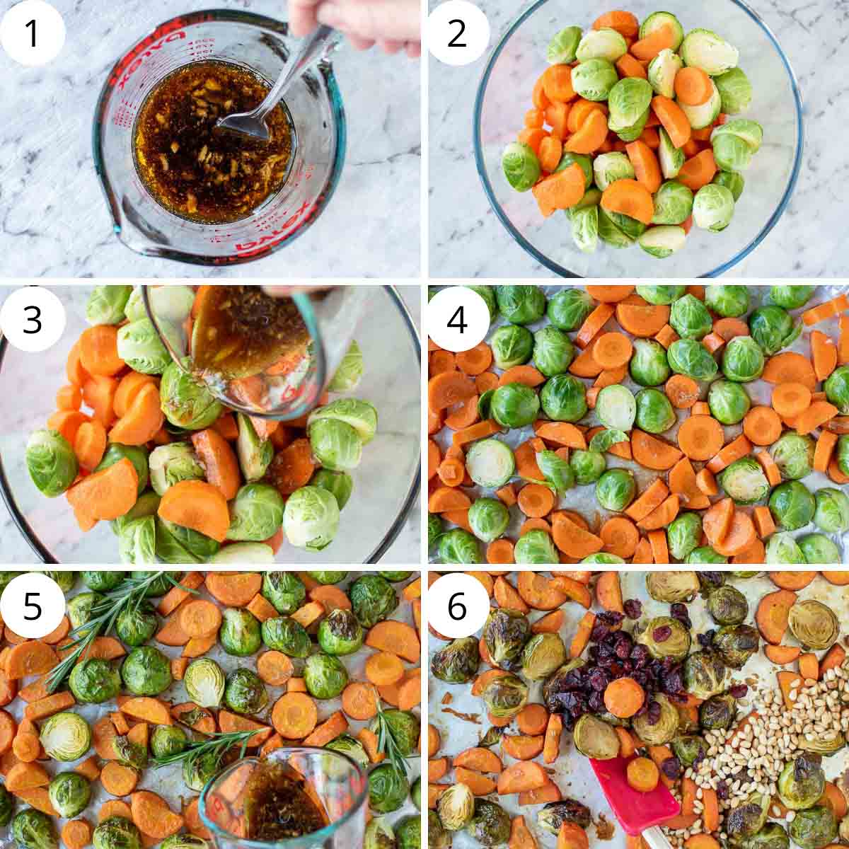 6 step photo collage showing how to make roasted brussels sprouts and carrots.