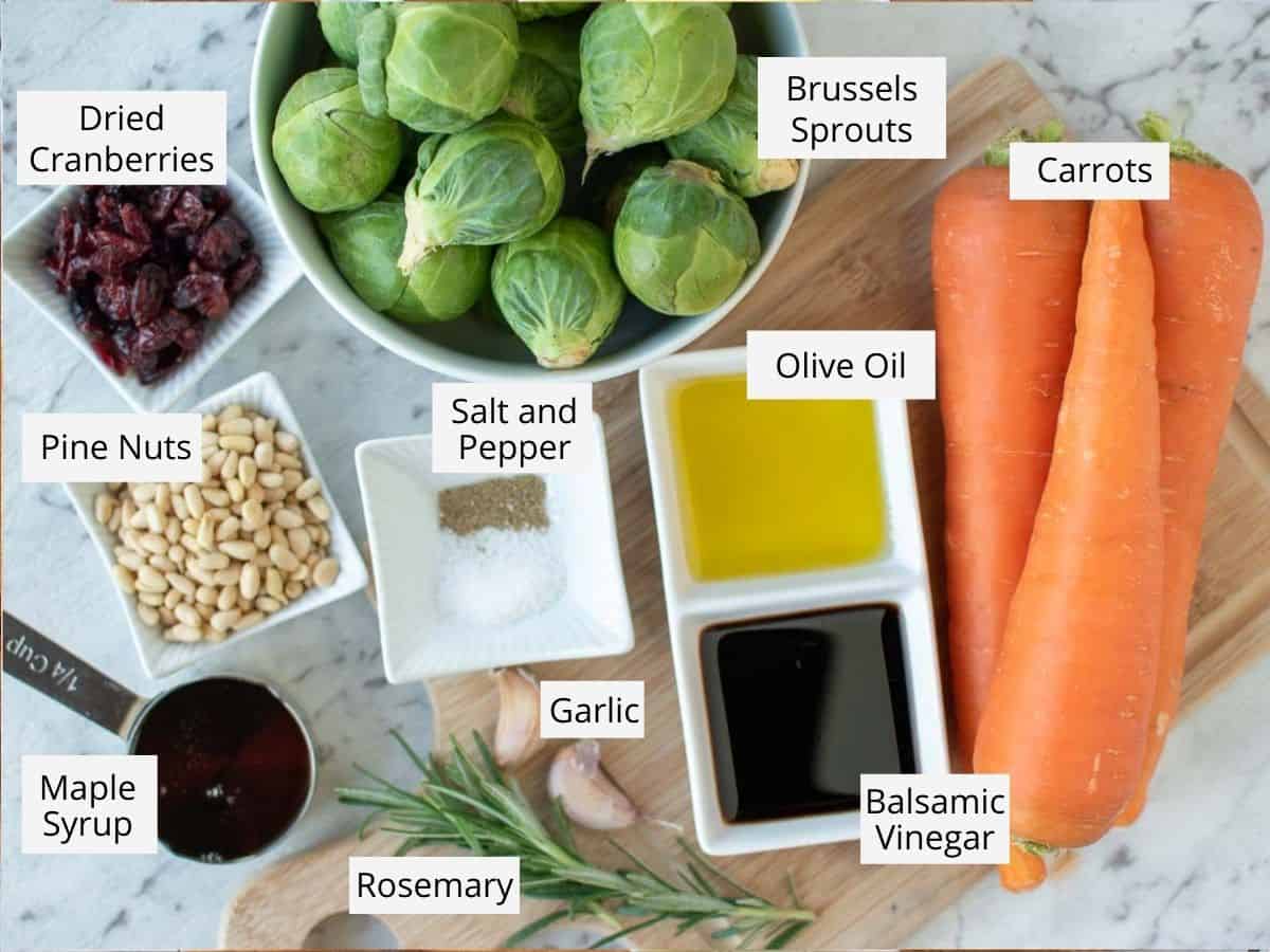 ingredients for roasted carrots and brussel sprouts as in the recipe card.