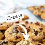 image with text. text reads "chocolate chip pecan cookies". images is a pile of cookies with chocolate chips and pecans.