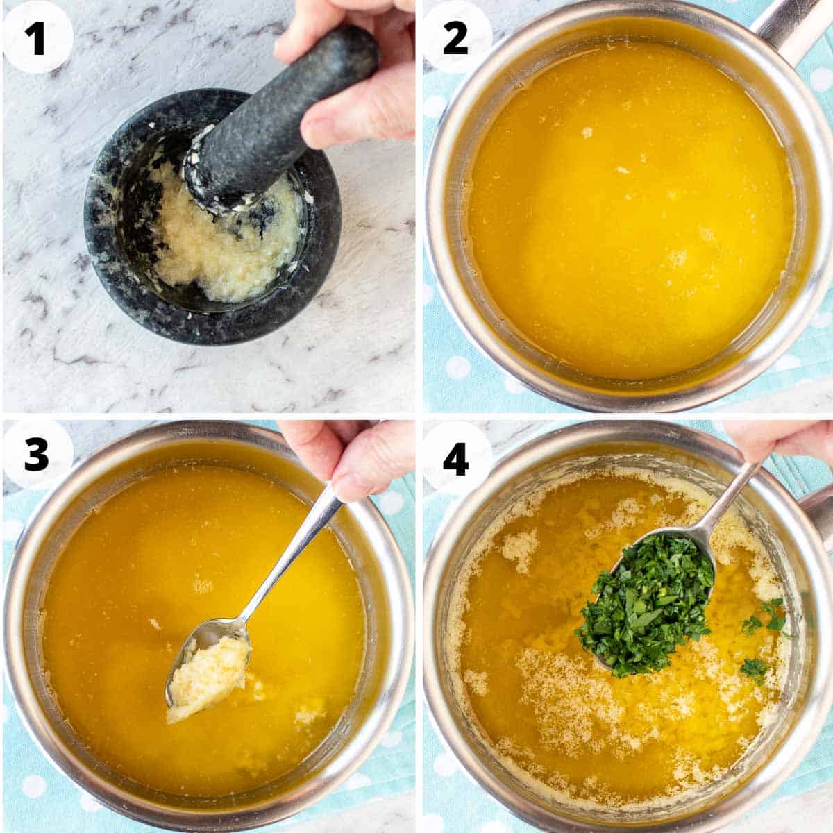 A four step collage showing the steps required to make the recipe. 