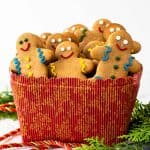 gingerbread people in red box surrounded by green leaves and red cord.