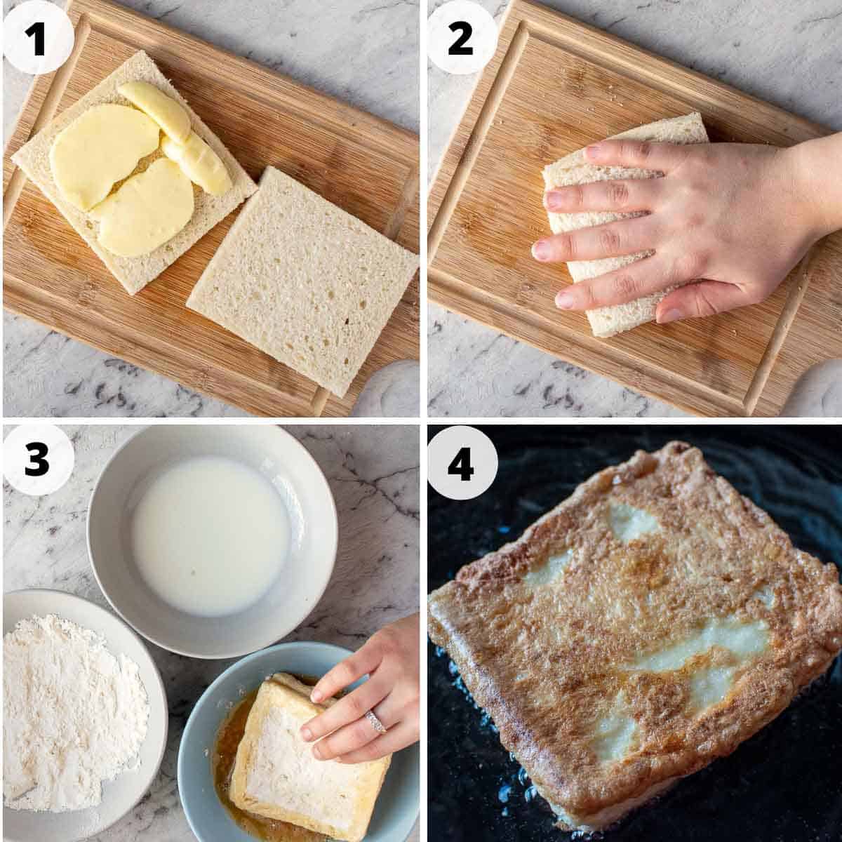 4 step process images showing how to make mozzarella in carrozza.