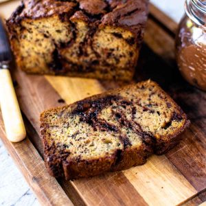 close up of a slice of banana bread.