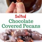 two images with text in between. text reads "salted chocolate covered pecans". top image is fingers holding a chocolate dipped pecan. bottom image is pile of pecans with a chocolate coating.